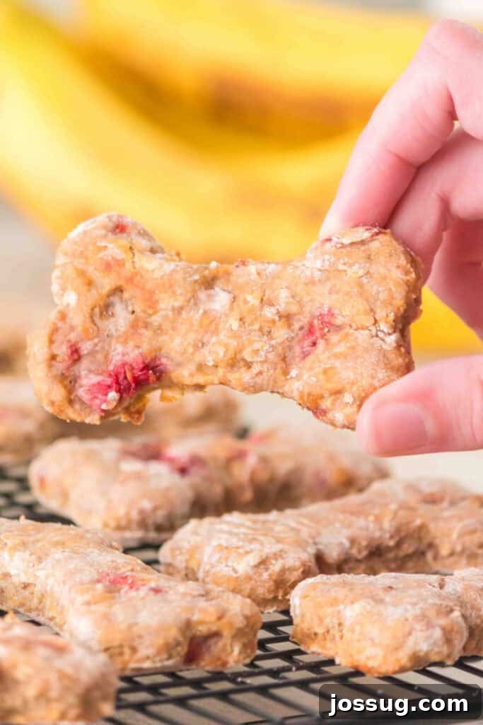 Homemade Strawberry Banana Dog Treats shaped like bones on a cooling rack.