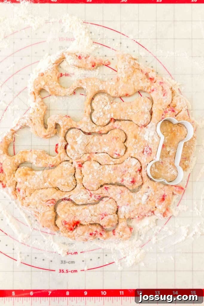 rolled dog treat dough with strawberry pieces cut into bone shapes on a floured baking mat