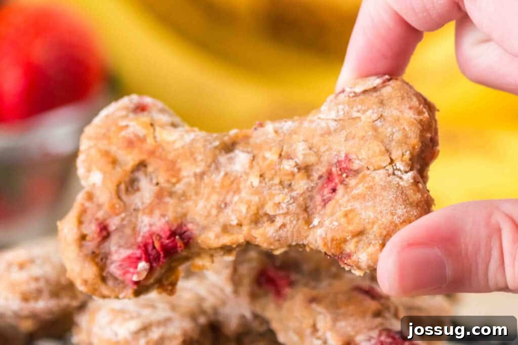 Hand holding a Strawberry Banana Dog Treat bone.