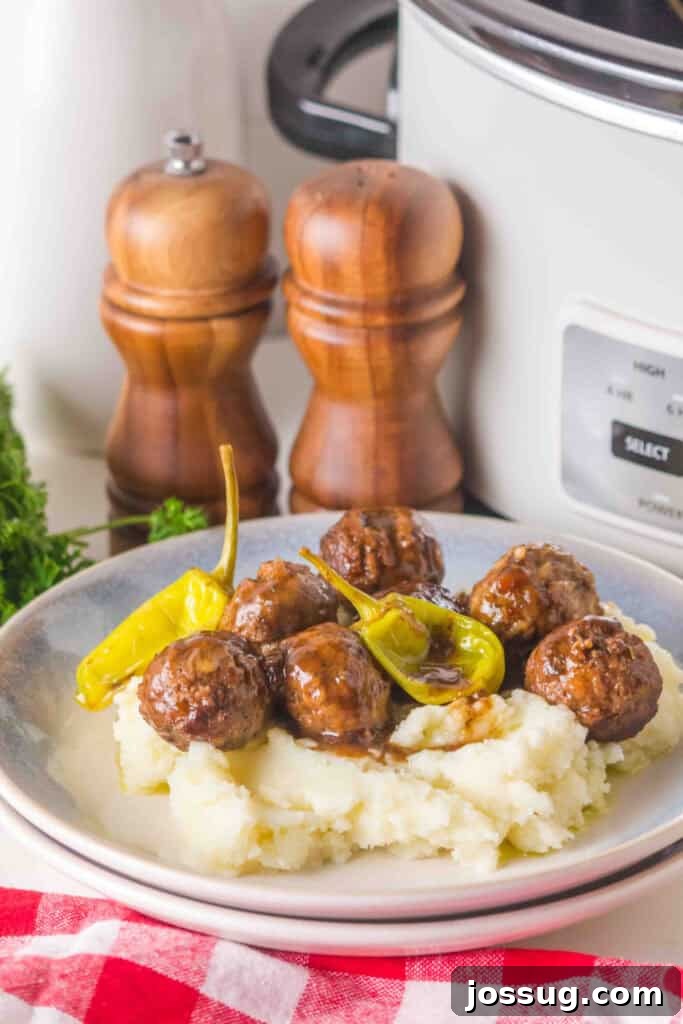 Slow Cooker Mississippi Meatballs on Mashed Potatoes