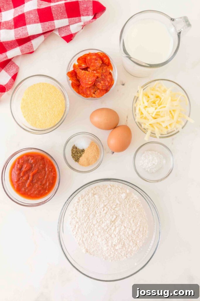 Pizza Muffin Magic: Bite-Sized Delights 3 Ingredients for Pizza Muffins: flour, cornmeal, pepperoni, mozzarella, eggs, milk, pizza sauce, and seasonings