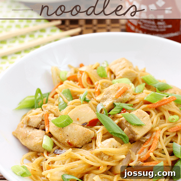 One Pan Chicken & Orange Chile Noodles in a white bowl.