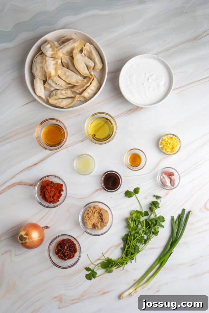 Overhead view of frozen dumplings, coconut milk, curry paste, garlic, onion, ginger, cilantro, green onions, chili crunch, and small bowls of sauces arranged on a marble surface