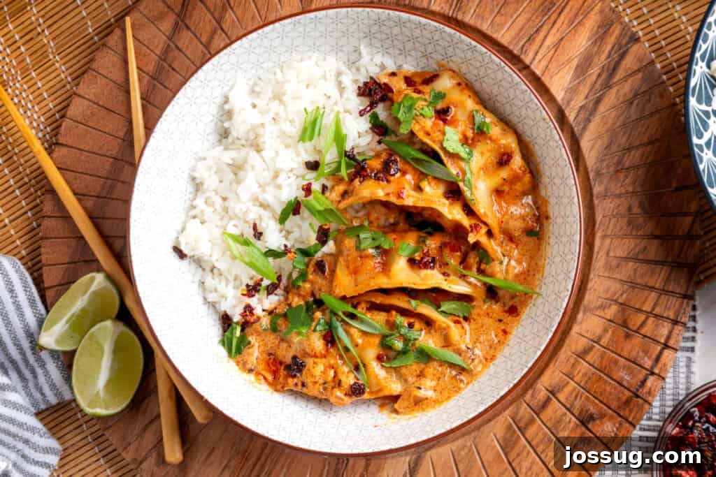 Serving of baked curry dumplings with rice topped with cilantro, green onions, and chili crunch