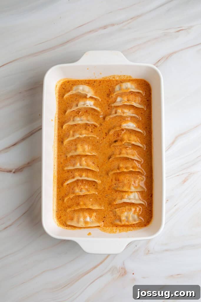 frozen dumplings arranged in a white baking dish covered with orange coconut curry sauce