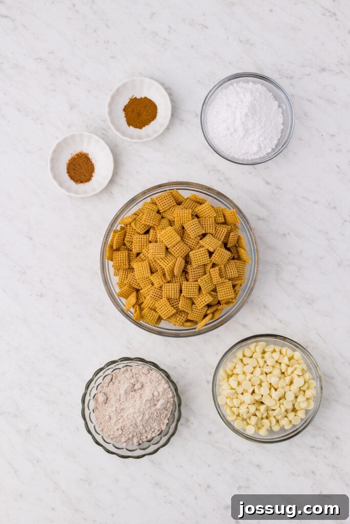 Carrot Cake Muddy Buddies: A Festive Spring Treat 3 Ingredients for carrot cake muddy buddies including Corn Chex cereal, white chocolate chips, powdered sugar, carrot cake mix, cinnamon, and nutmeg in bowls
