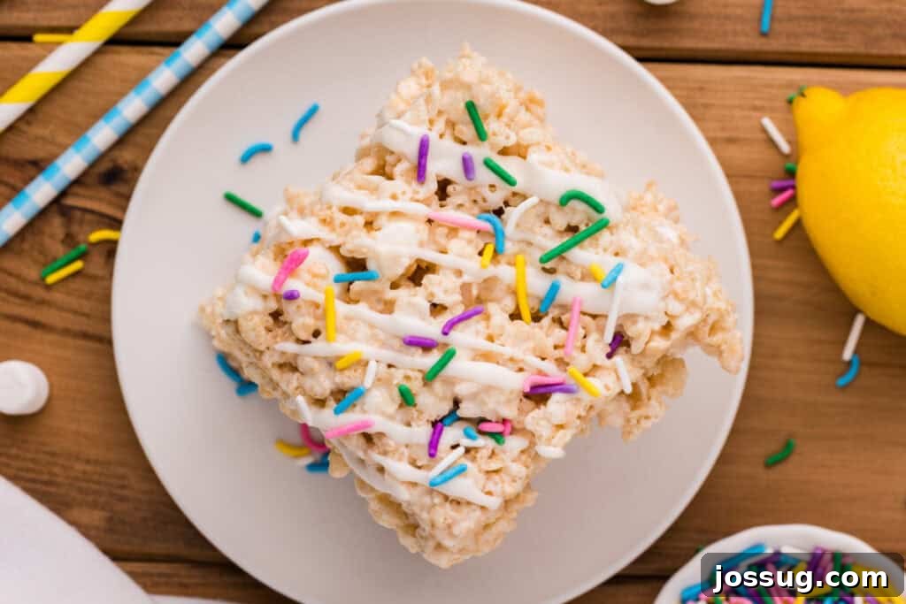 Single Lemon Rice Crispy Treat with White Drizzle and Colorful Sprinkles