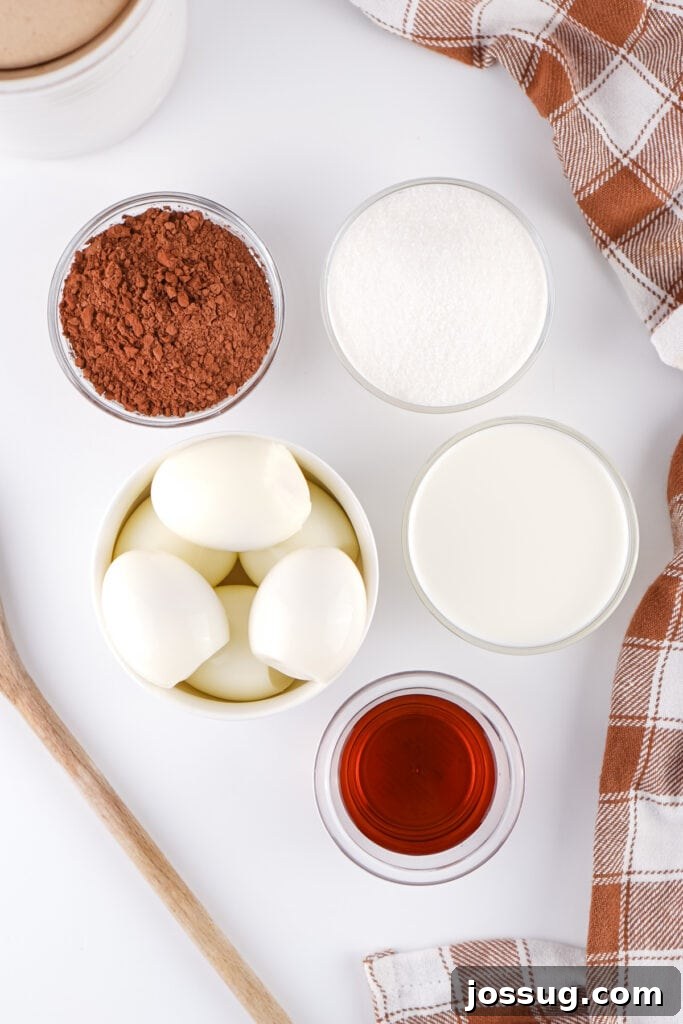 Chocolate Infused Custard Eggs 3 Ingredients for chocolate pudding including eggs, cocoa powder, sugar, milk, and vanilla extract on a white surface