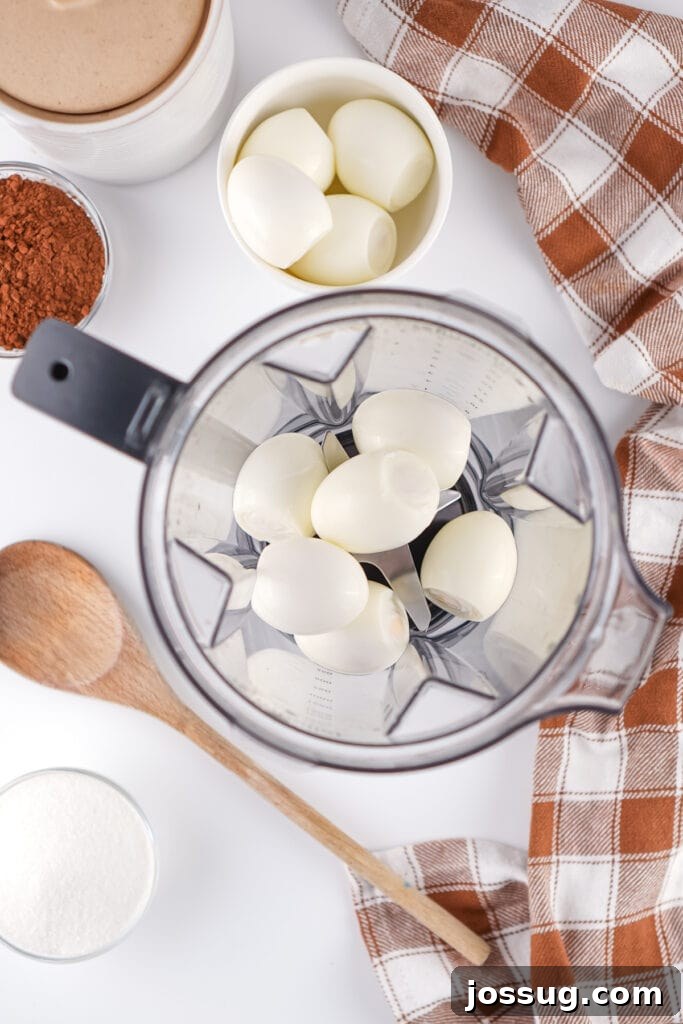 Chocolate Infused Custard Eggs 5 Peeled hard boiled eggs in the blender