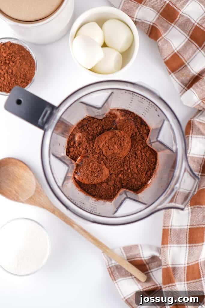 Chocolate Infused Custard Eggs 10 Blender with cocoa powder and ingredients on a white surface with eggs and sugar nearby