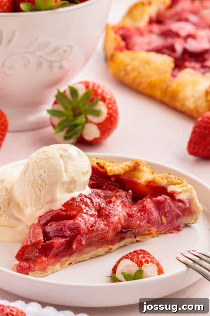Simply Irresistible Strawberry Rhubarb Galette 2 A delectable slice of golden-crusted strawberry rhubarb galette, richly filled with vibrant fruit, served elegantly on a white plate alongside a creamy scoop of vanilla ice cream and garnished with fresh, ripe strawberries.