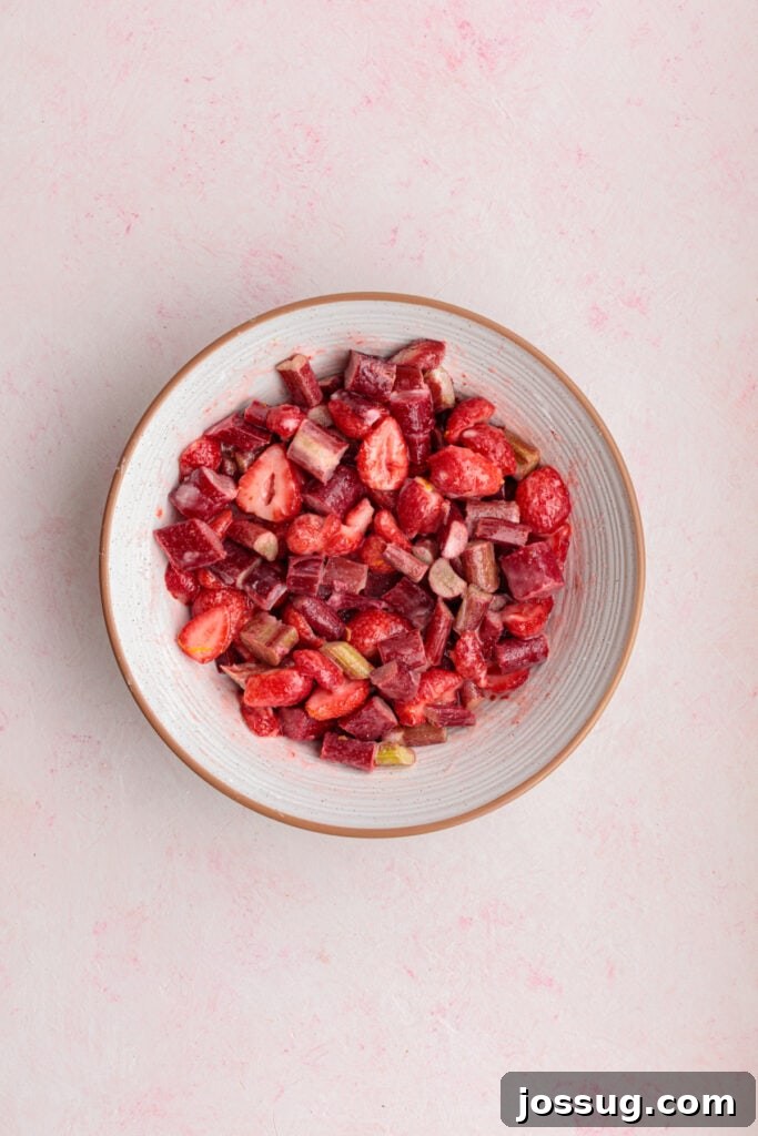 Simply Irresistible Strawberry Rhubarb Galette 11 The strawberry and rhubarb filling, now thoroughly mixed and beautifully coated in its released juices, sits in a bowl, glistening and ready to be placed onto the dough.