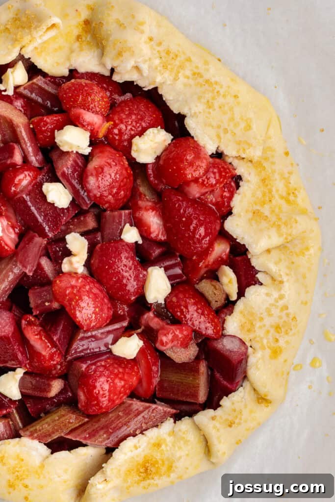 Simply Irresistible Strawberry Rhubarb Galette 18 A close-up view of the unbaked galette crust, generously sprinkled with sparkling turbinado sugar, revealing the vibrant strawberry and rhubarb filling beneath, poised for baking.