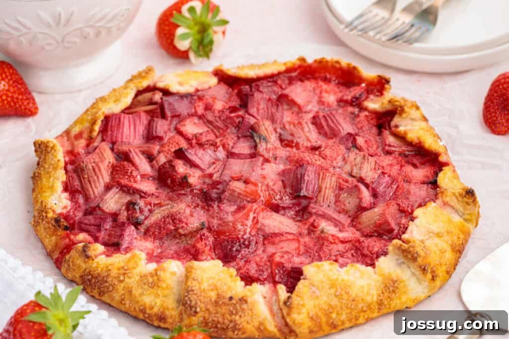 Simply Irresistible Strawberry Rhubarb Galette 4 An inviting close-up, angled view of a freshly baked strawberry rhubarb galette, proudly showcasing its perfectly golden, wonderfully flaky crust and the bubbling, richly colored, juicy fruit filling, with distinct pieces of strawberry and rhubarb visible.