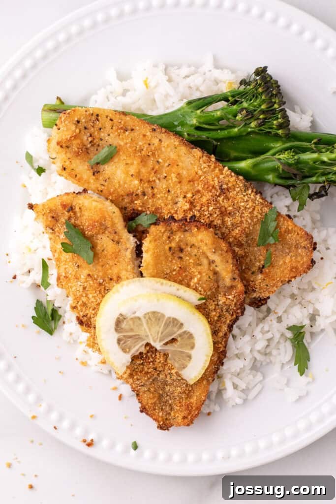 Baked garlic parmesan flounder served on white rice with broccolini and a lemon slice, ready to eat.
