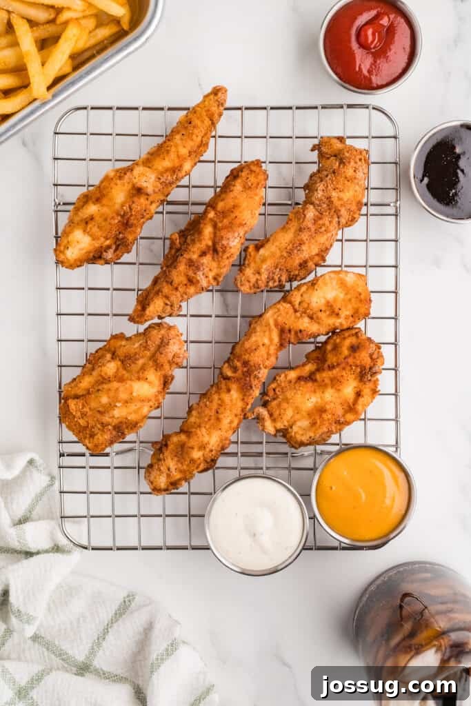 Effortless Crispy Chicken Strips for Busy Families 12 A beautifully arranged platter featuring freshly fried, golden chicken strips, accompanied by an assortment of delicious dipping sauces and a side of crispy fries, all presented on a wire rack for optimal crispness.