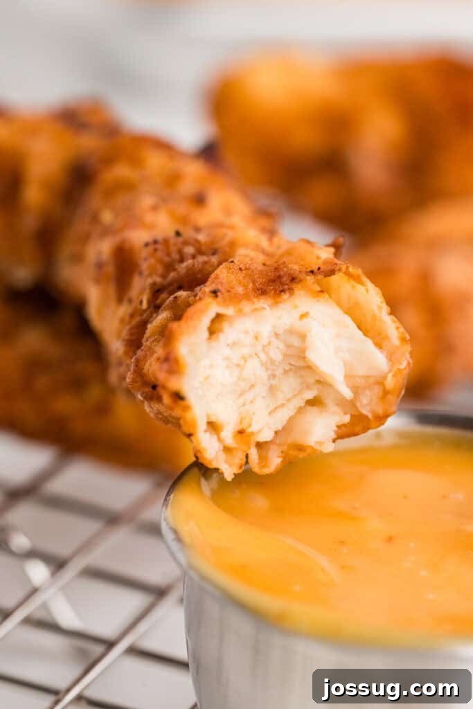 Effortless Crispy Chicken Strips for Busy Families 13 A mouth-watering close-up of a perfectly fried chicken strip, revealing its intensely crispy exterior texture, with a visible juicy interior as it's dipped into a creamy sauce.