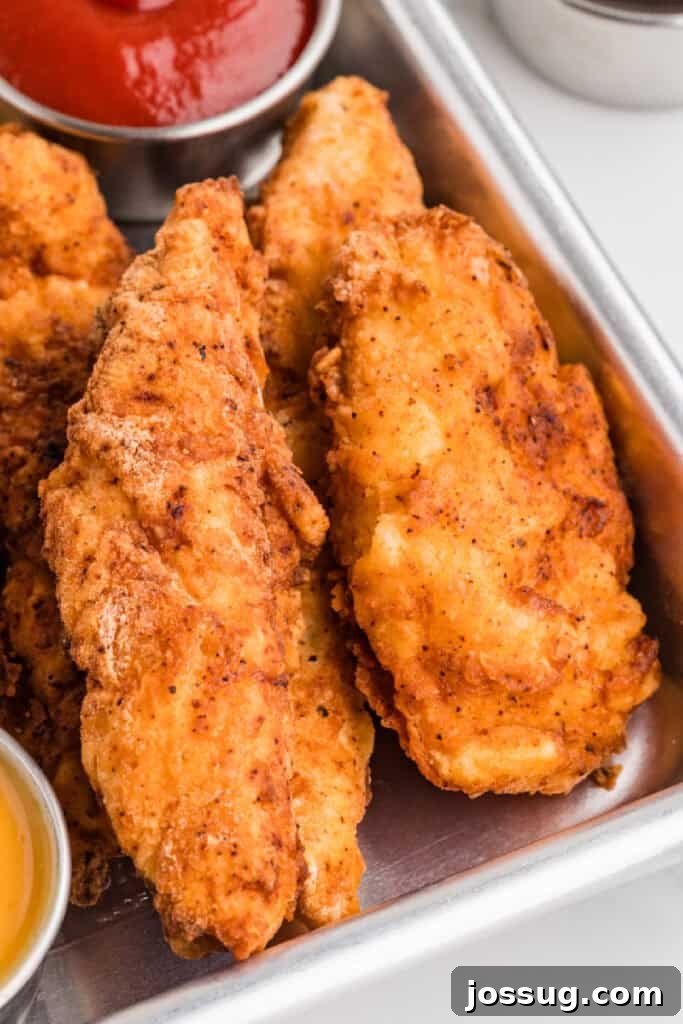 Effortless Crispy Chicken Strips for Busy Families 14 A close-up of several perfectly crispy fried chicken strips, golden brown and beautifully textured, neatly arranged on a tray with hints of various dipping sauces in the soft background, highlighting their irresistible appeal and readiness for enjoyment.