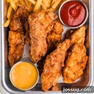 Square image of delicious crispy fried chicken strips with golden fries and an array of colorful dipping sauces, perfect for a family meal or game day snack.