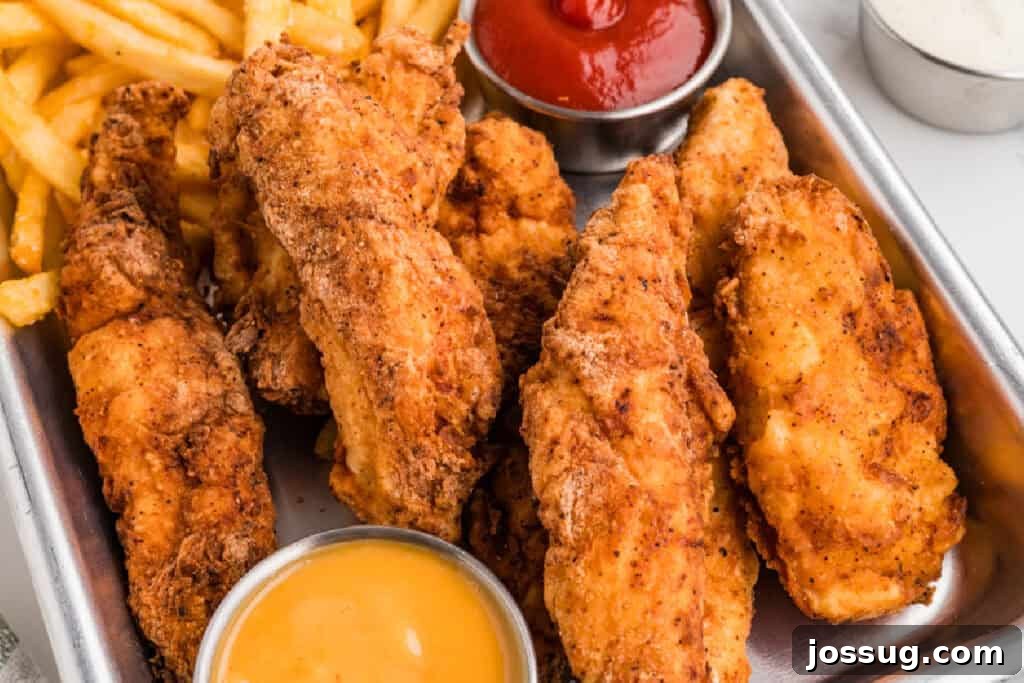 Effortless Crispy Chicken Strips for Busy Families 4 A vibrant and appetizing platter of perfectly crispy fried chicken strips, golden fries, and an assortment of colorful dipping sauces, including ketchup, honey mustard, and a creamy white sauce, all beautifully arranged on a rustic serving tray, ready to be enjoyed.