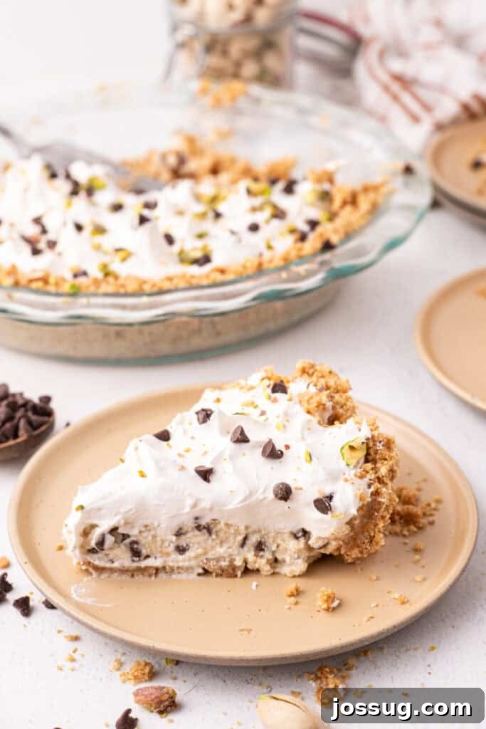 Dreamy No Bake Cannoli Pie with Ricotta and Chocolate Chips 2 slice of no bake cannoli pie on a plate with fork marks in the whipped topping and scattered chocolate chips nearby