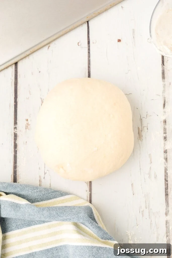 smooth ball of homemade onion rolls dough on a lightly floured surface
