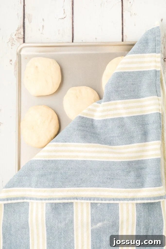 homemade onion rolls dough on a baking sheet covered with a kitchen towel for rising