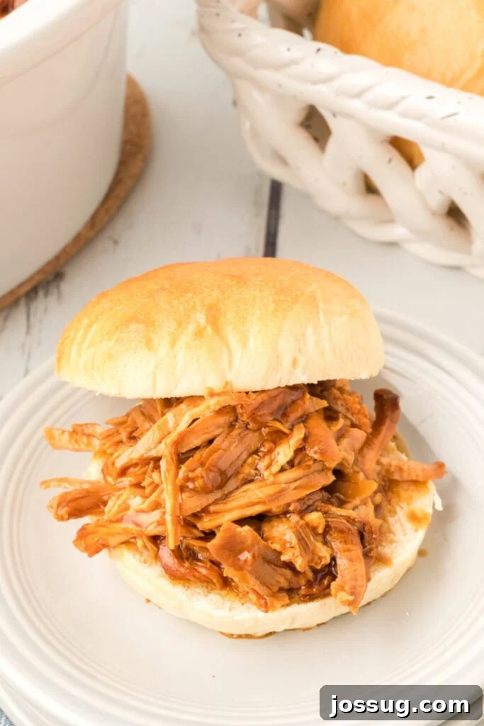 pulled pork sandwich on a homemade onion roll on a white plate