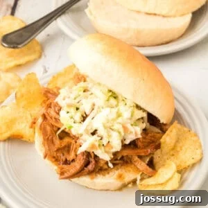 close up of pulled pork sandwich with coleslaw on a homemade onion roll