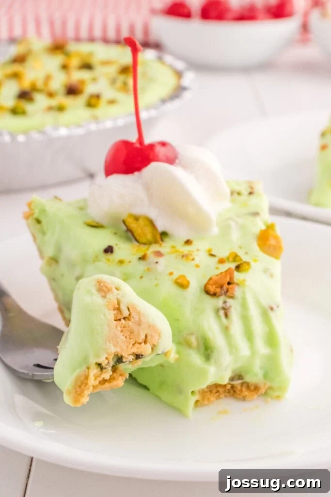 Quick No Bake Pistachio Delight 2 A perfectly sliced No Bake Pistachio Cream Pie, revealing its rich, creamy green filling nestled in a golden graham cracker crust. A fork holds a delicious bite, showcasing the pie's delightful texture.