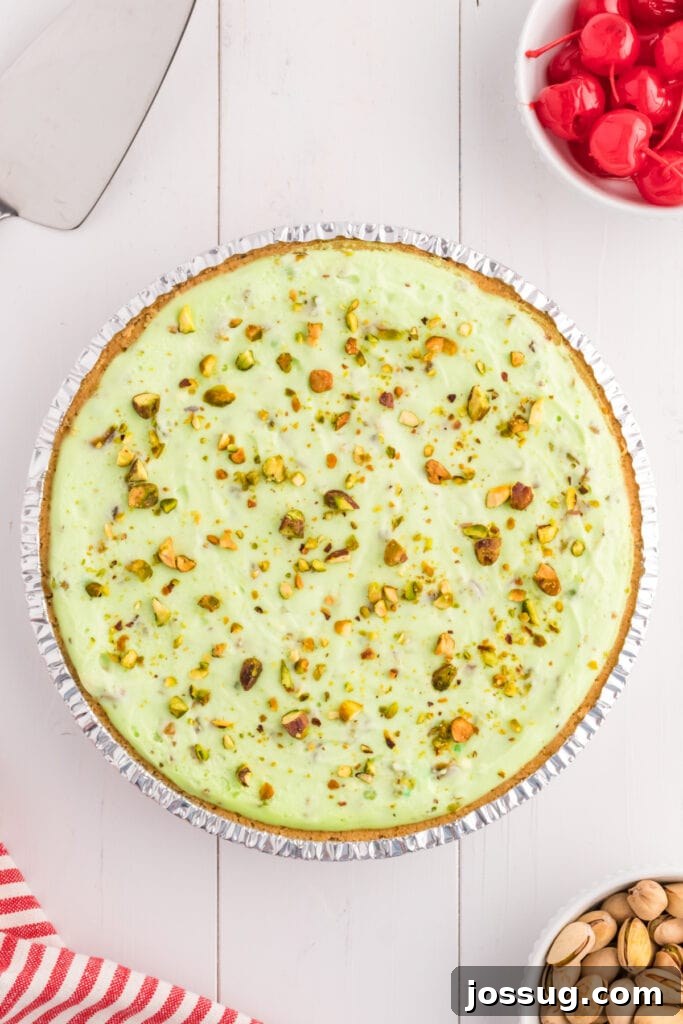 Quick No Bake Pistachio Delight 16 The finished No Bake Pistachio Cream Pie, beautifully topped with a sprinkle of chopped pistachios, glistening in its graham cracker crust, ready to be served.