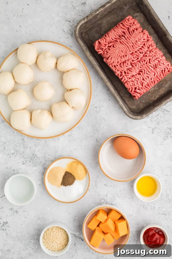 raw ground beef on a tray with dough balls, cheese cubes, egg, ketchup, and seasonings arranged on a countertop