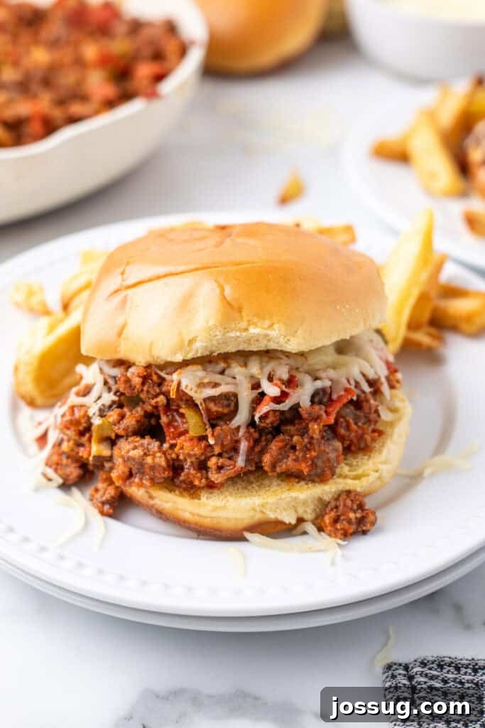 Easy Ground Beef Pizza Sloppy Joes 11 assembled Pizza Sloppy Joes sandwich with melted cheese on a bun served with fries on a plate