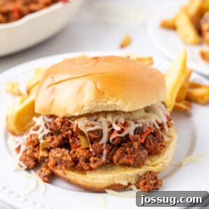 Pizza Sloppy Joes sandwich with melted mozzarella on a hamburger bun served with fries on a white plate
