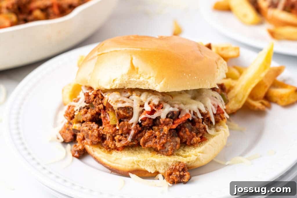 Easy Ground Beef Pizza Sloppy Joes 4 Pizza Sloppy Joes sandwich with melted mozzarella on a hamburger bun served with fries on a white plate