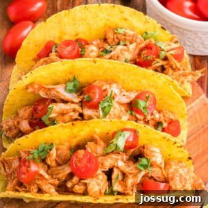 Crockpot Shredded Chicken Tacos Recipe for Busy Weeknights 12 Square image of Crockpot Shredded Chicken Tacos topped with cherry tomatoes and cilantro in crispy taco shells
