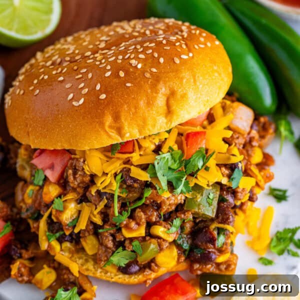 Crockpot Shredded Chicken Tacos Recipe for Busy Weeknights 15 square image of Taco Sloppy Joes sandwich with ground beef, black beans, corn, cheese, and cilantro on a bun