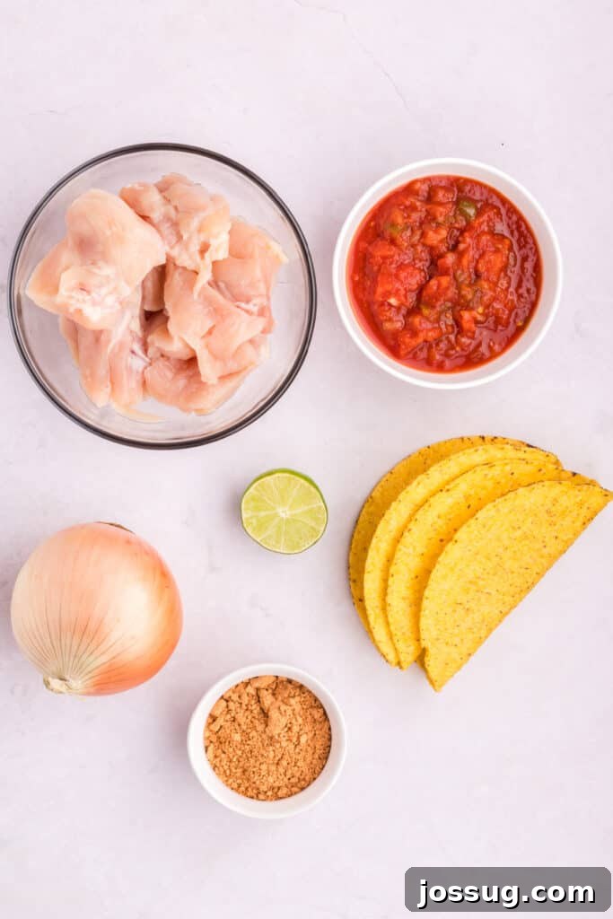 Crockpot Shredded Chicken Tacos Recipe for Busy Weeknights 3 Ingredients for Crockpot Shredded Chicken Tacos including raw chicken, salsa, taco seasoning, onion, lime, and taco shells on a light background