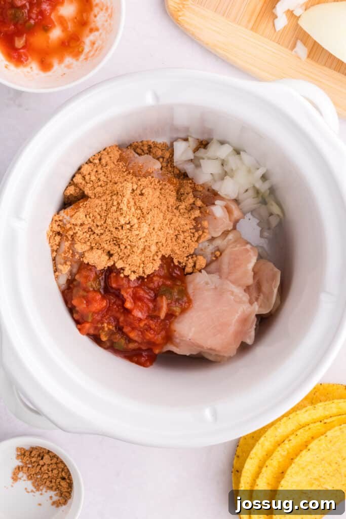 Crockpot Shredded Chicken Tacos Recipe for Busy Weeknights 6 Raw chicken, salsa, onion, and taco seasoning added to a slow cooker for Crockpot Shredded Chicken Tacos