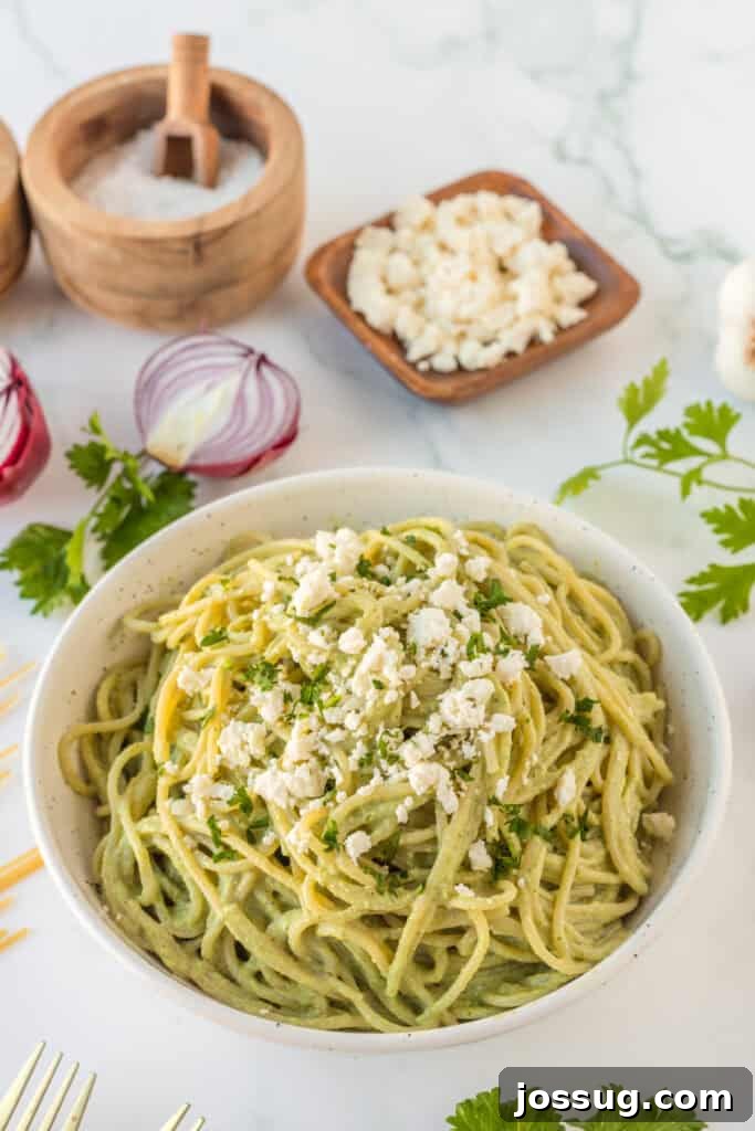 Creamy Mexican Verde Spaghetti (Espagueti Verde) 12 Bowl of Mexican Green Spaghetti topped with queso fresco and cilantro