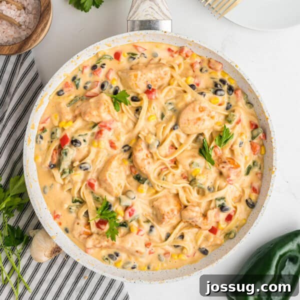 Creamy Mexican Verde Spaghetti (Espagueti Verde) 19 Overhead square crop of skillet filled with southwest chicken fettuccine alfredo, garnished with parsley.