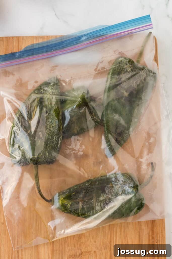 Creamy Mexican Verde Spaghetti (Espagueti Verde) 7 Roasted poblano peppers steaming in zip-top bag for Mexican Green Spaghetti