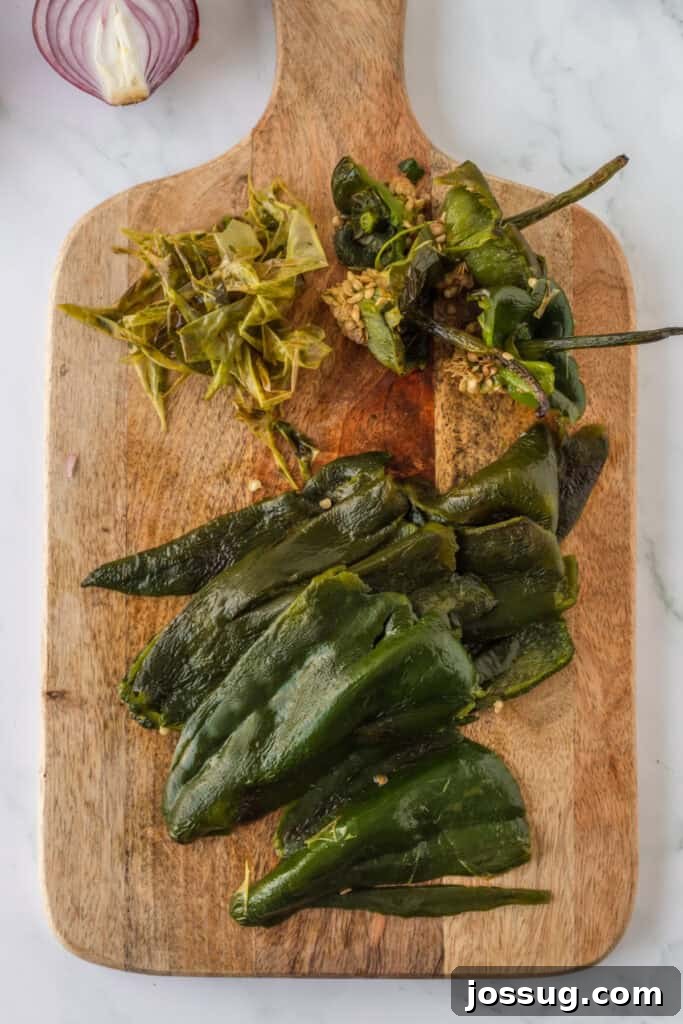 Creamy Mexican Verde Spaghetti (Espagueti Verde) 8 Peeled roasted poblano peppers prepared for creamy Mexican Green Spaghetti sauce