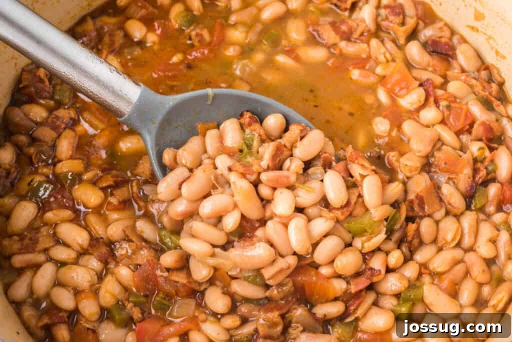 Ranchero Pinto Beans with Bacon — Flavorful Skillet Recipe 4 Close-up of Ranchero Beans with smoky bacon, tomatoes, and tender pinto beans