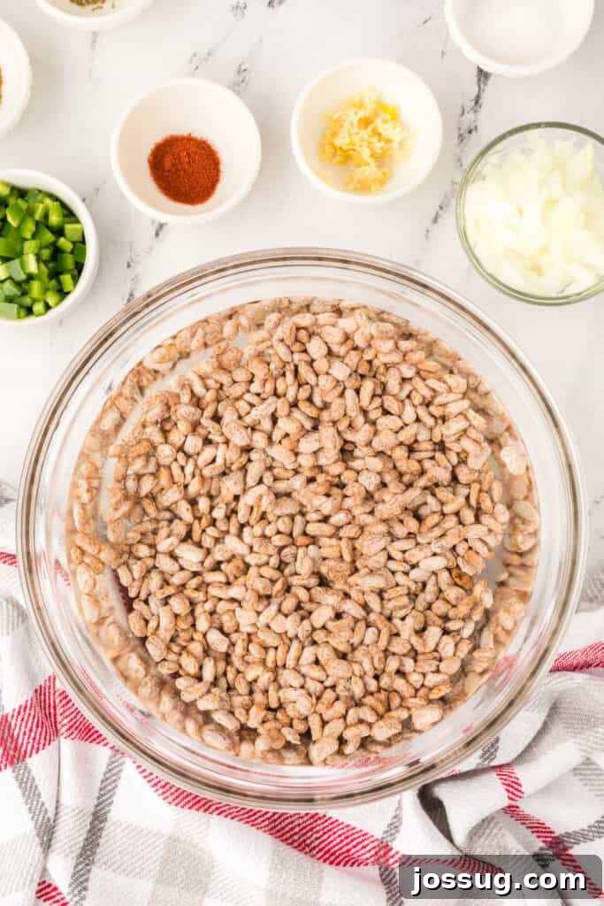 Ranchero Pinto Beans with Bacon — Flavorful Skillet Recipe 5 Dried pinto beans soaking in water for Ranchero Beans recipe