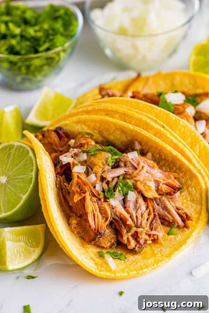 Close up of Slow Cooker Carnitas taco with onion, cilantro, and lime
