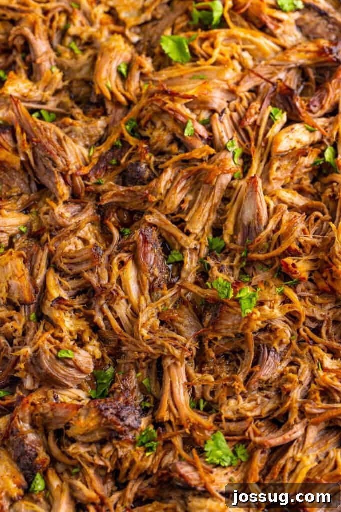 Crispy shredded Slow Cooker Carnitas close up with cilantro