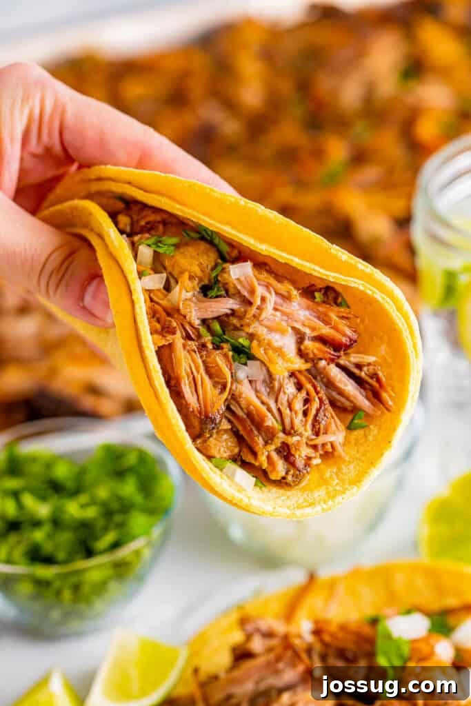 Hand holding Slow Cooker Carnitas taco with cilantro and onion