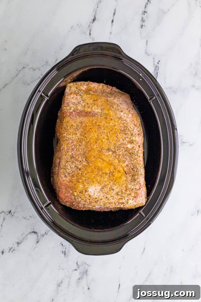 Seasoned pork shoulder in slow cooker for Slow Cooker Carnitas