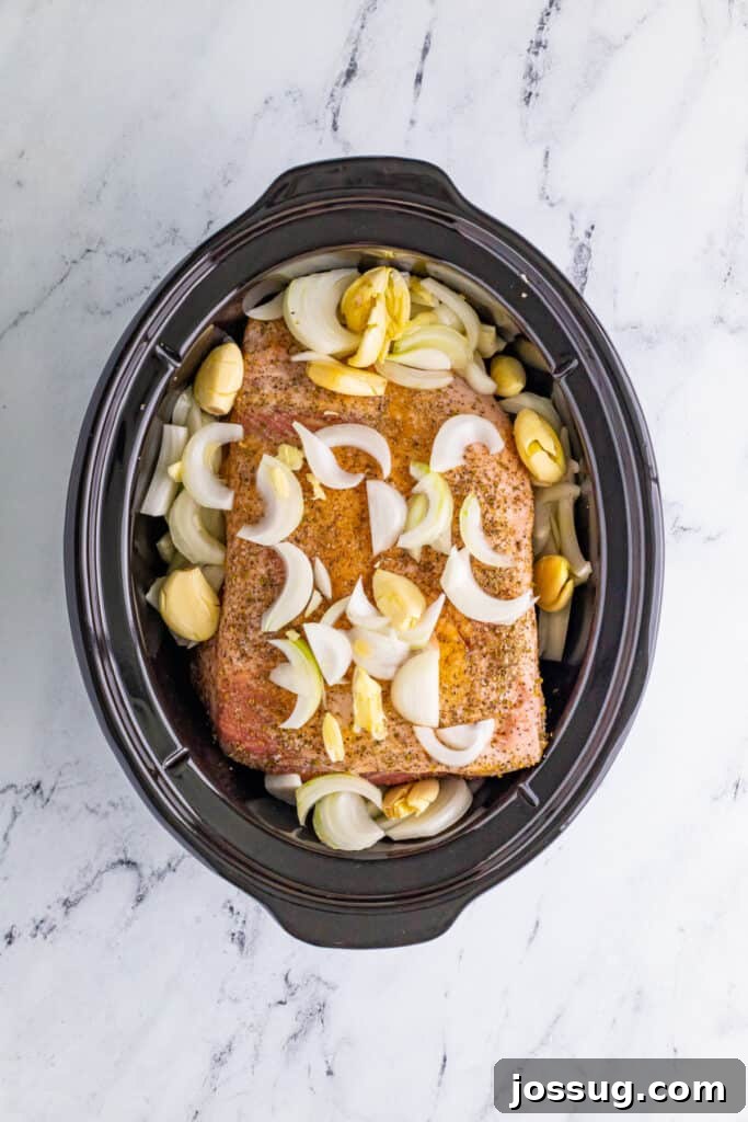 Slow Cooker Carnitas with onions and garlic added to crockpot